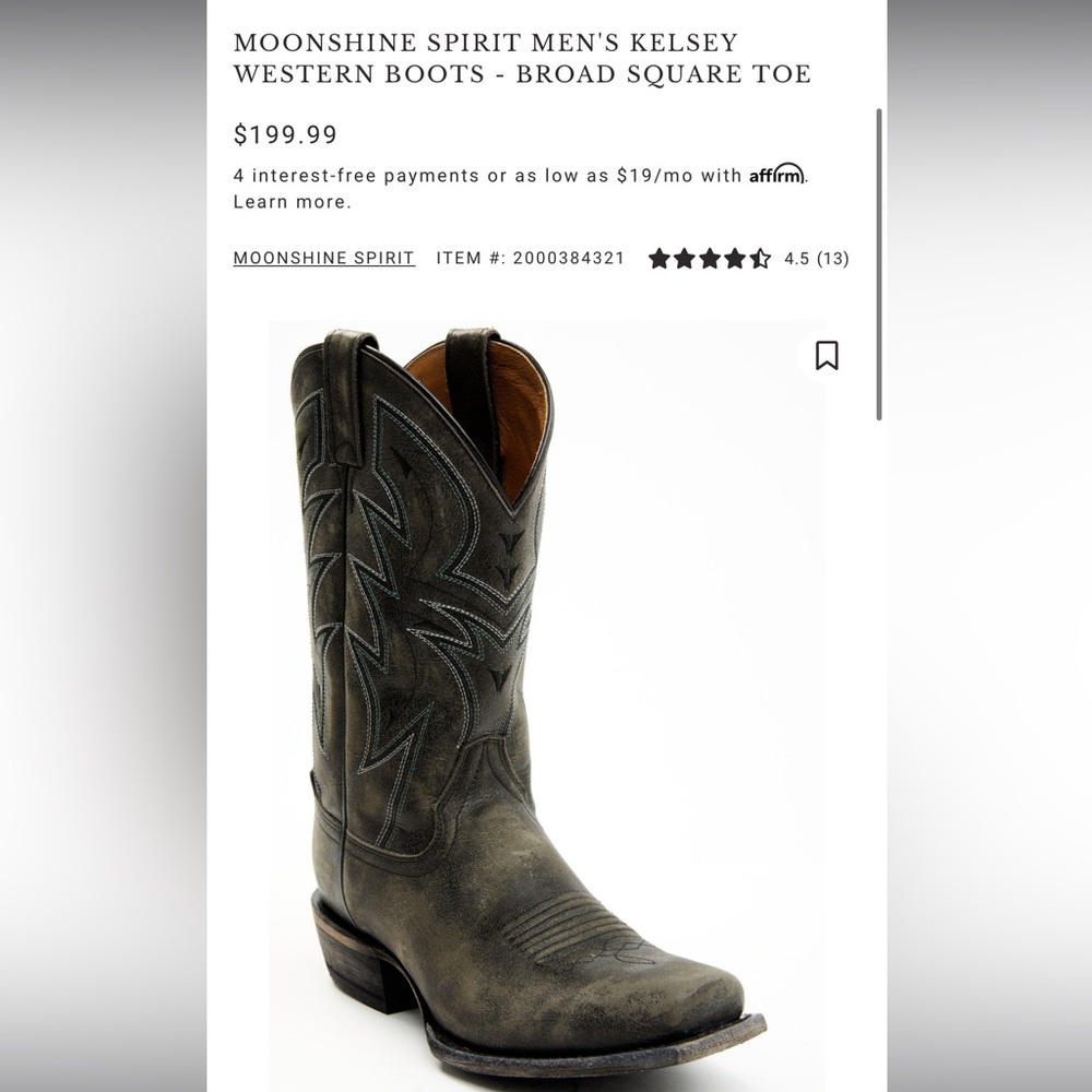 NEW WITH TAGS MOONSHINE SPIRIT MEN'S KELSEY WESTERN BOOTS - BROAD SQUARE TOE